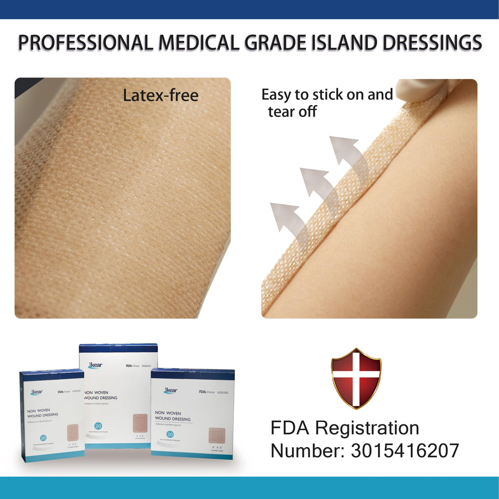 JJZEN KEAR 4"X6" 20 PCS Extra Large Sterile Nude Island Dressing Bandage for Wound - Self-Adhesive Boarded Gauze Pads - Latex Free - Medical Grade (Nude, 4"X6"-20PCS)