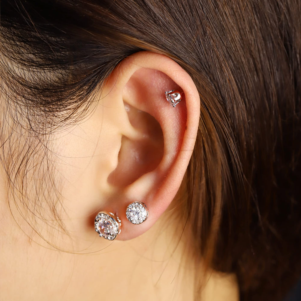 ALEXCRAFT Silver Stud Earrings for Women, Sterling Silver Cubic Zirconia Halo Stud Earrings Set Round Heart Square Diamond Studs Valentines Earrings Pack, 6 Pairs