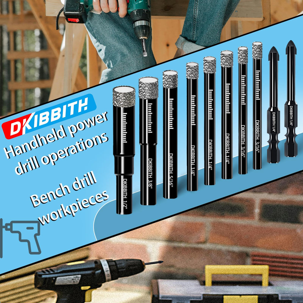 DKIBBITH 10 Pack Dry Diamond Drill Bits & Tile Drill Bit Set for Ceramic, Porcelain, Marble, Granite, Stone, Glass - Round Shank 3/16"(x2), 1/4"(x3), 5/16", 3/8", 1/2"+2 Pack Drill Bits 1/4"
