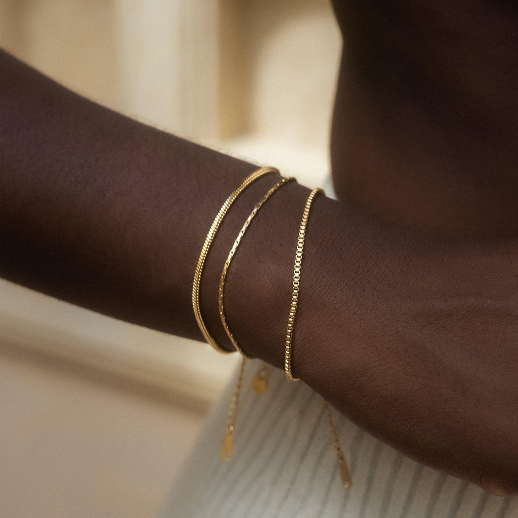 Gold Chain Bracelet for Women Men Trendy - 14K Gold Plated Bracelet Dainty Gold Snake Link Bracelet Stack Simple Jewelry Chain Set Adjustable Bracelet Accessories for Dad Husband 3 Pcs