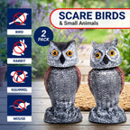 Arrigo Fake Owl Decoys to Scare Birds Away – 2pc Wind-Driven Rotating Head – Plastic Owl Statue Scarecrows – Realistic Deterrent for Critters & Squirrels - Garden, Patio, Boats, and Yard Decor