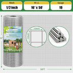 Gbekery Hardware Cloth 1/2 inch 16in x 50ft 19 Gauge, Hot-dip Galvanized After Welding Chicken Wire Mesh Roll Garden Plant Welded Metal Wire Fencing Roll, Rabbit Cages Snake Fence