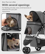 OS MOTOR Pet Stroller with 3 Wheels for Small/Medium Pets, Portable Travel Foldable Carrier Jogger for Dog Cat Puppy Kitty, Rear Wheel Breaks, Storage Basket, Visible Mesh with Weather Cover (Gray)