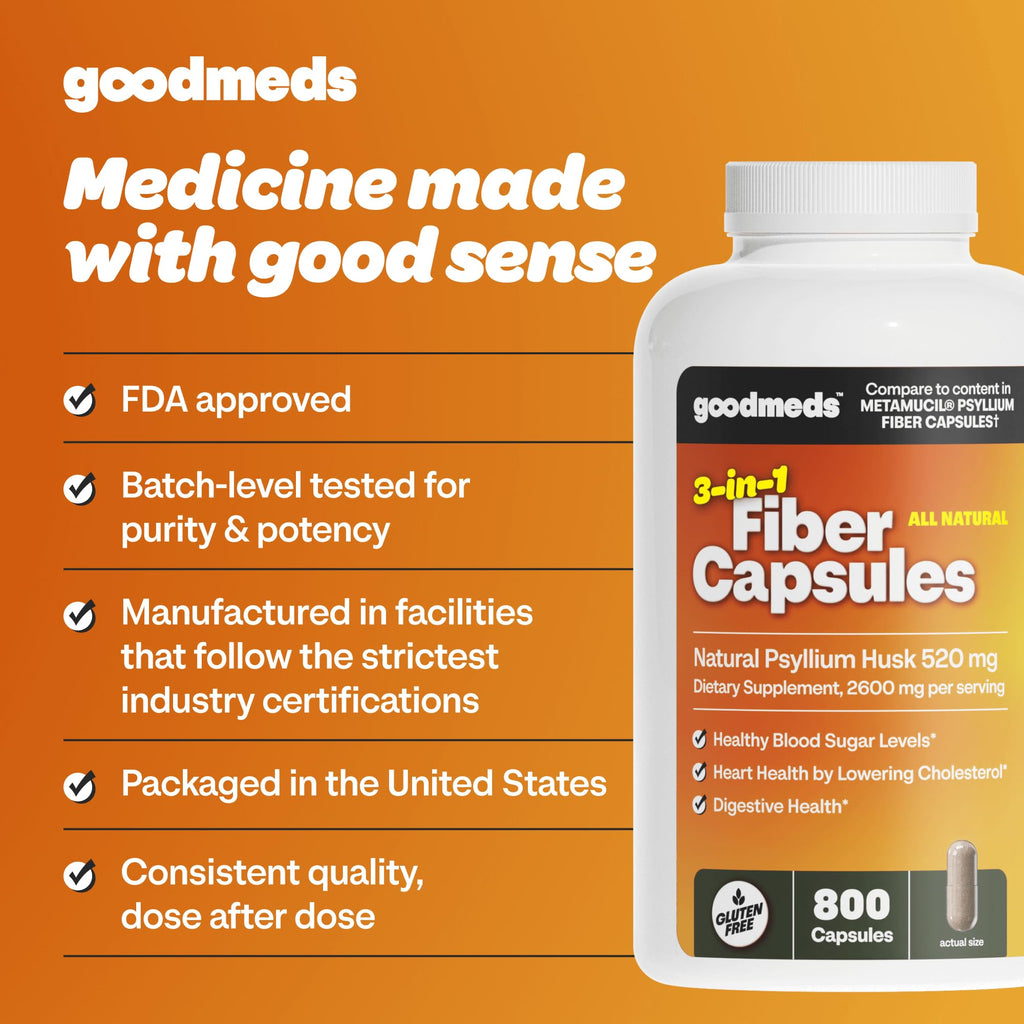 GoodMeds Psyllium Husk Fiber 520mg Capsules Supplement Soluble Dietary Colon Support for Women and Men, Restore Digestive Regularity and Balance (800 Count)