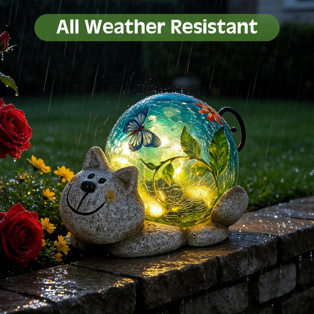 Solar Garden Outdoor Statue, Resin Cat Statues with Crackled Glass Globe