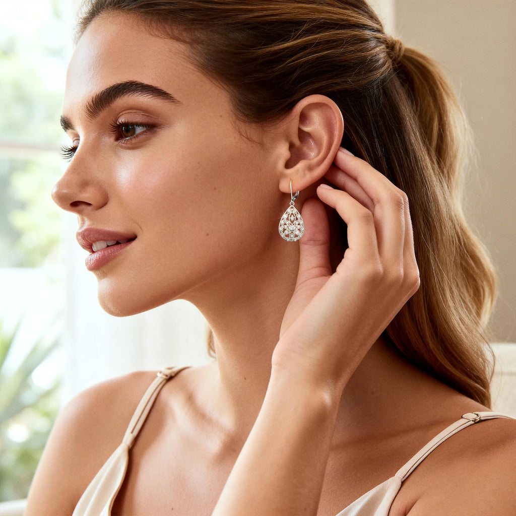 Silver Teardrop Filigree Dangle Earrings Drop Earrings for Women Trendy