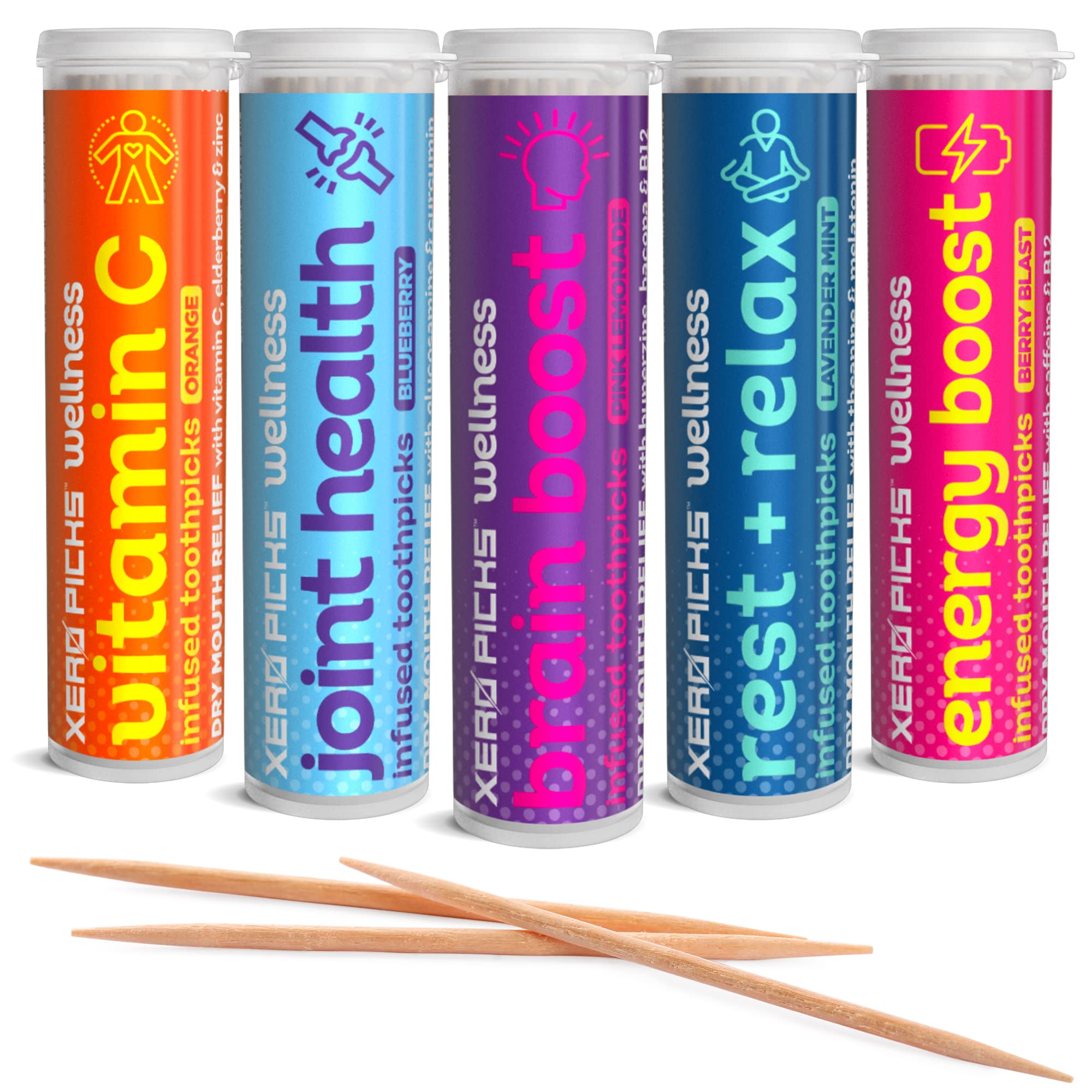 Xero Picks Wellness Flavored Toothpicks - Brain Boost, Immunity, Rest & Relax, Joint Health, and Energy Boost - 100 Picks (Variety, 5 Pack) Kosher - Sugar Free