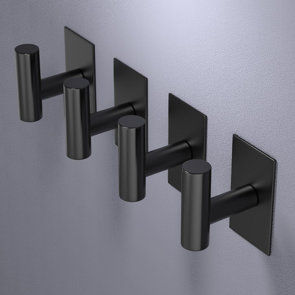 VAEHOLD Wall Towel Hooks, Heavy Duty Sticky Holder Waterproof Towel Hooks for Hanging Coat, Clothes, Closet Hook Wall Mount for Kitchen (Black, 4 Pack)