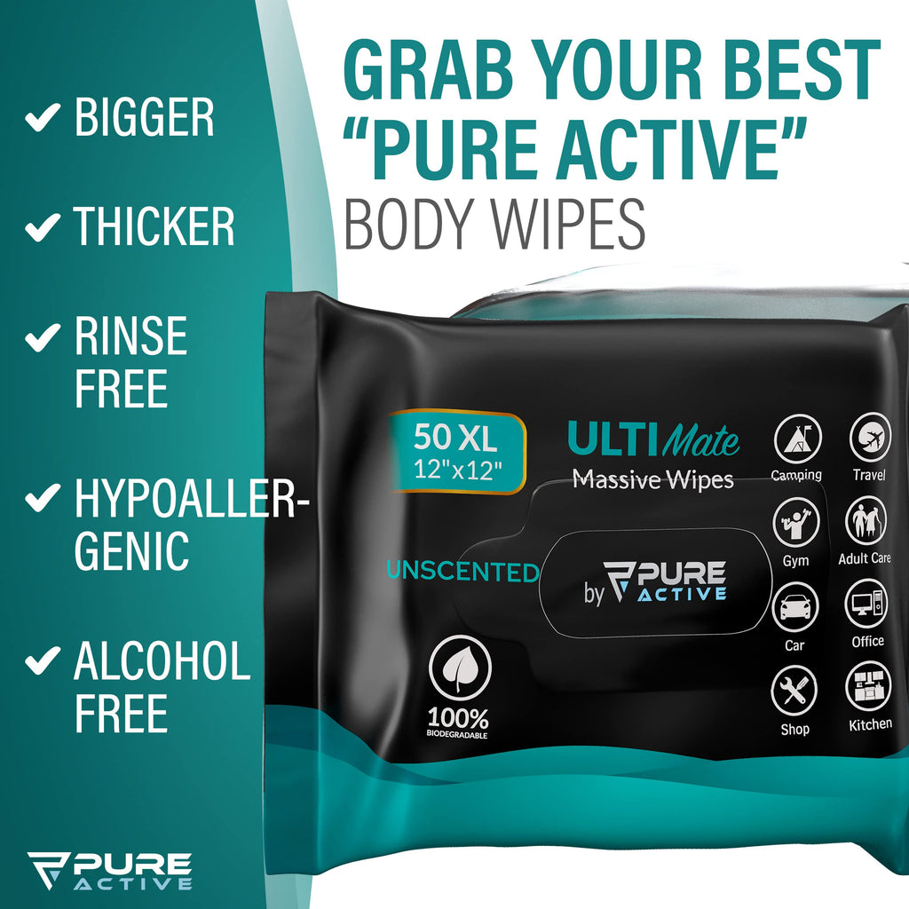 Pure Active XXL Adult Wipes for Elderly, No Rinse Hygiene Wipes for Shower, Travel, and Camping, 12x12 Unscented 50 Pack