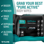 Pure Active XXL Adult Wipes for Elderly, No Rinse Hygiene Wipes for Shower, Travel, and Camping, 12x12 Unscented 50 Pack