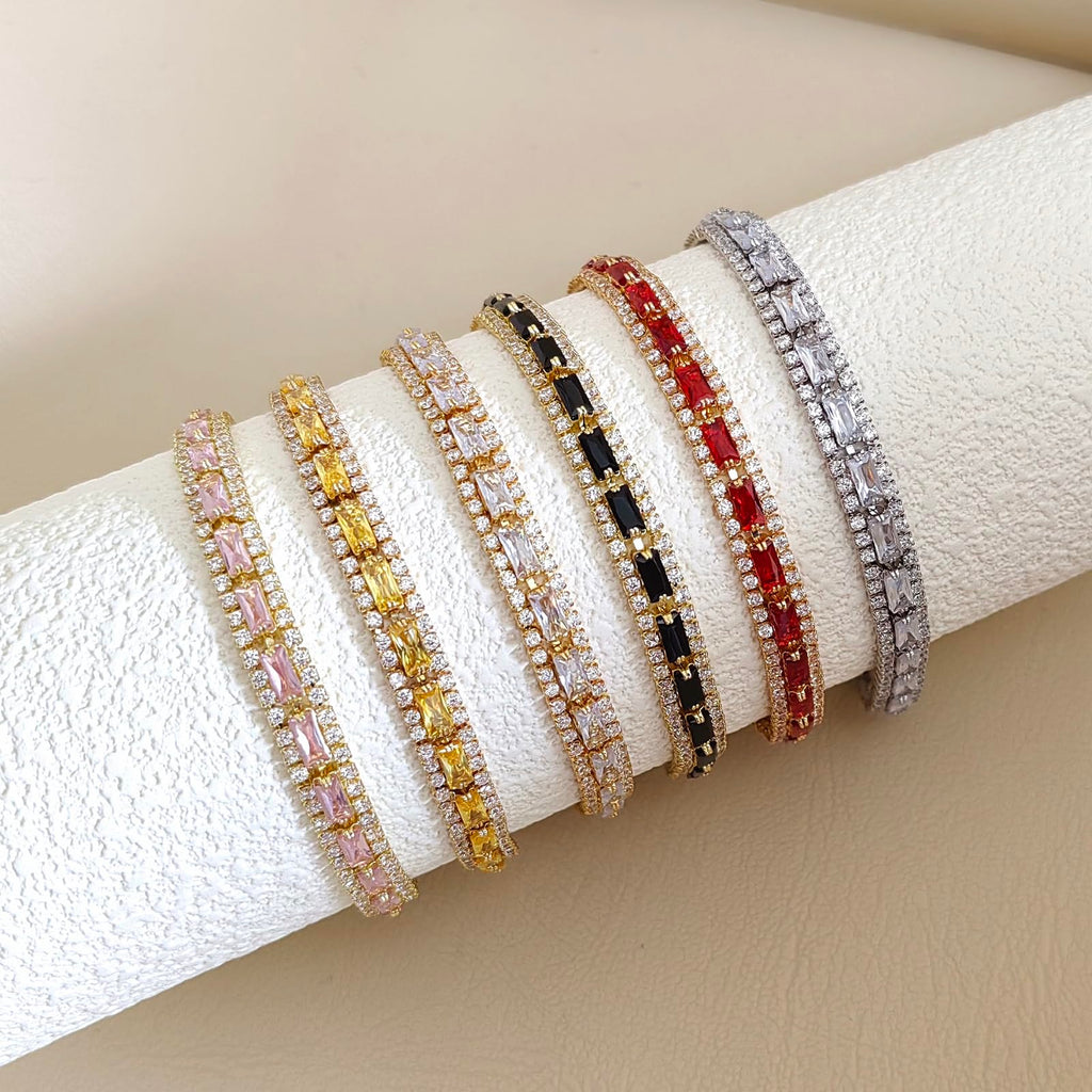 2Pcs Stackable Bracelet Set for Women Pink CZ Tennis and Clover Bracelet