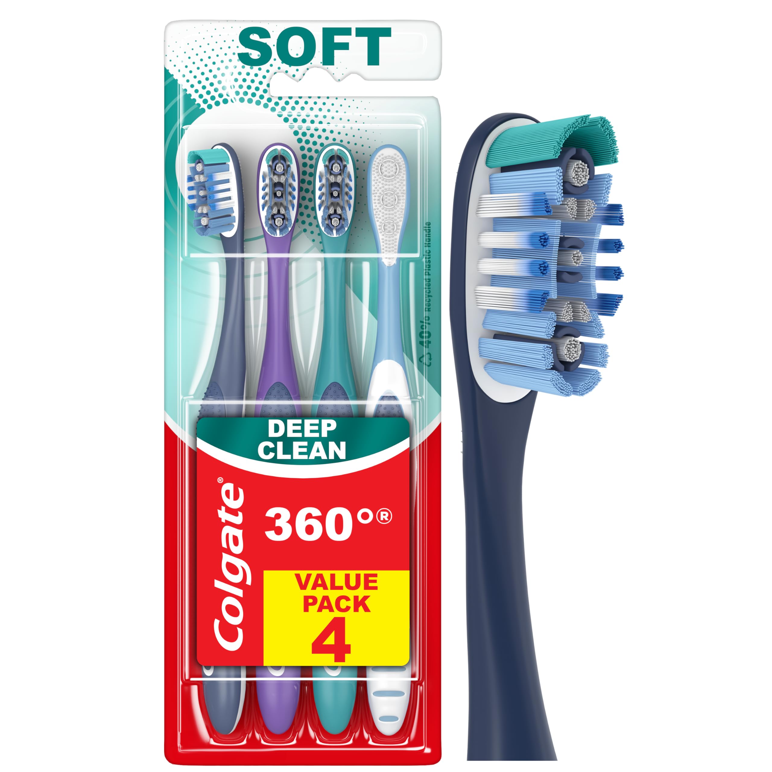 Colgate 360 Deep Clean Soft Toothbrush for 4 in 1 Bacterial Removal, Features Floss Tip Bristles and Tongue Cleaner, 4 Count