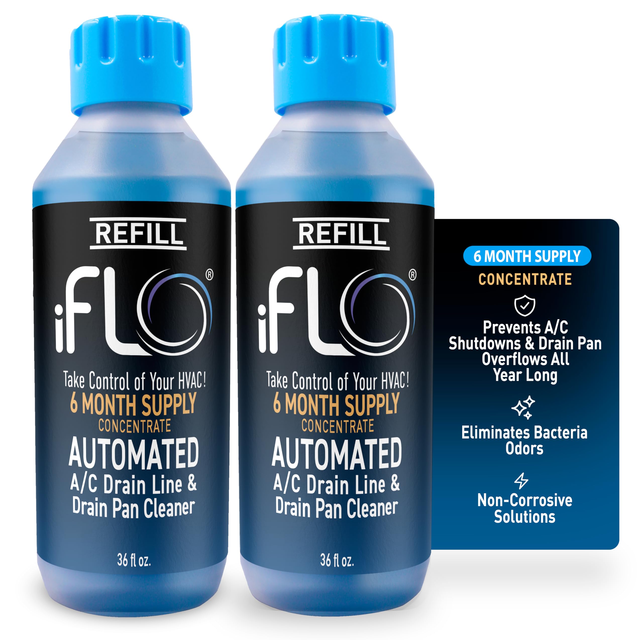 iFLO® Smart A/C Drain Line Cleaner and Drain Pan Cleaner Cartridge Concentrate, Fast-Acting, Long-Lasting HVAC System Solution for Tough Clogs & Buildup, 6-Month Supply per Bottle, 2 Pack of 36oz