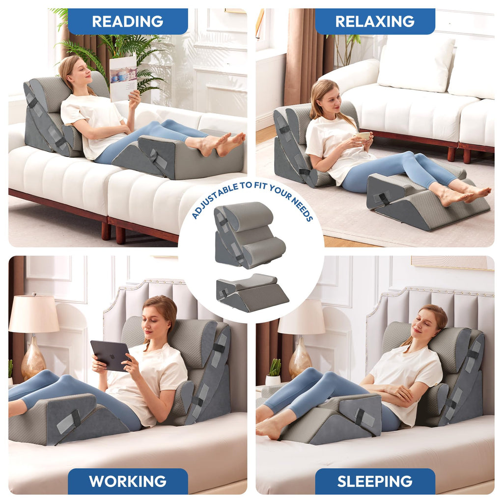 Ahpmeoa 6PCS Wedge Pillow Set for After Surgery, Back Pillow for Bed Sitting Up, Orthopedic Bed Wedge for Body, Leg Pain Relief, Memory Foam Pillow for Post Surgery, Sleeping, Acid Reflux, Gerd, Grey