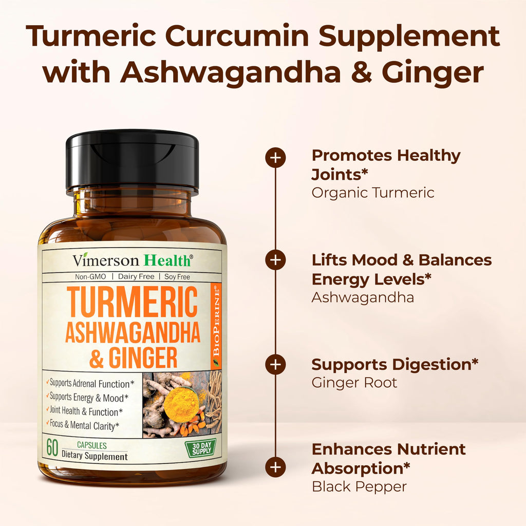 Ashwagandha Organic Turmeric Curcumin Supplement with Ginger Root & Black Pepper – Joint Health, Energy & Immune Support – Antioxidant Blend with 95% Curcuminoids – 2 Pack