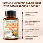 Ashwagandha Organic Turmeric Curcumin Supplement with Ginger Root & Black Pepper – Joint Health, Energy & Immune Support – Antioxidant Blend with 95% Curcuminoids – 2 Pack