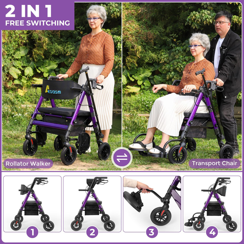 Heavy Duty Rollator Walker for Seniors with Seat, Foldable 2 in 1 Rolling Walkers Wheelchair Combo for Adult, All Terrain Wheels, Adjustable Transport Chair with Brake, 450 lb. Weight Capacity, Purple