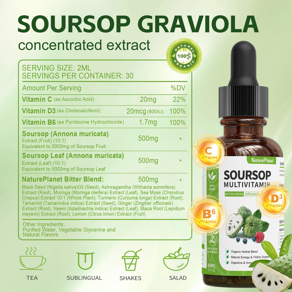 NaturePlanet Graviola Soursop Bitters Liquid Drops, 5000mg Soursop Fruit & Leaf Extract + 10 Bitters Botanicals for Immune Support Digestive Health Antioxidant Boost丨 Vegan 2 Fl Oz