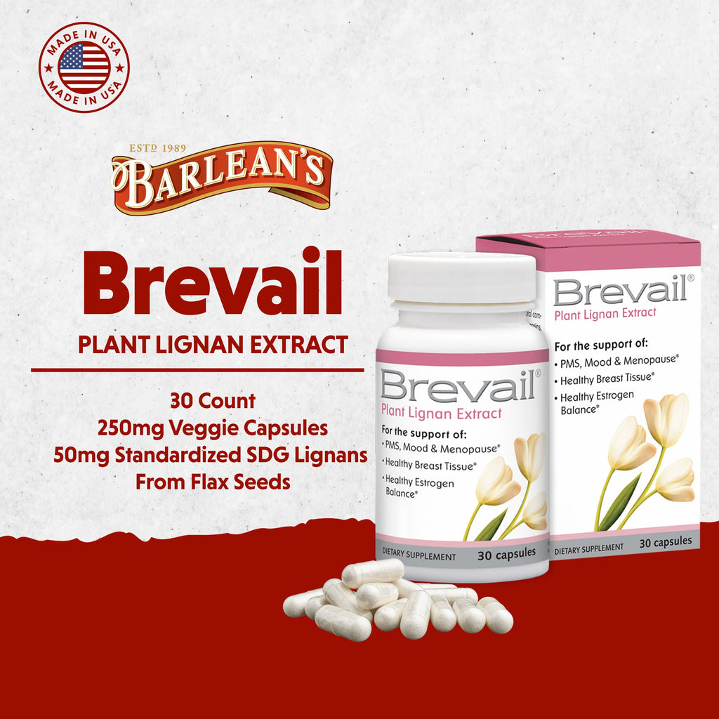 Barlean's Brevail Plant Lignan Extract Supplements, Women's Breast Health Supplement Capsules for Healthy Estrogen Balance, Vegan and Non-GMO, 30 Count