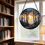 DASTOLL Stained Glass Window Hanging, Forest Sunrise Smoke Blue Brown Tree Suncatcher for Doors Window Home Landscape Sun Catchers Decor Mother's Day Birthday Gifts for Women, Men Mom 6.3 in