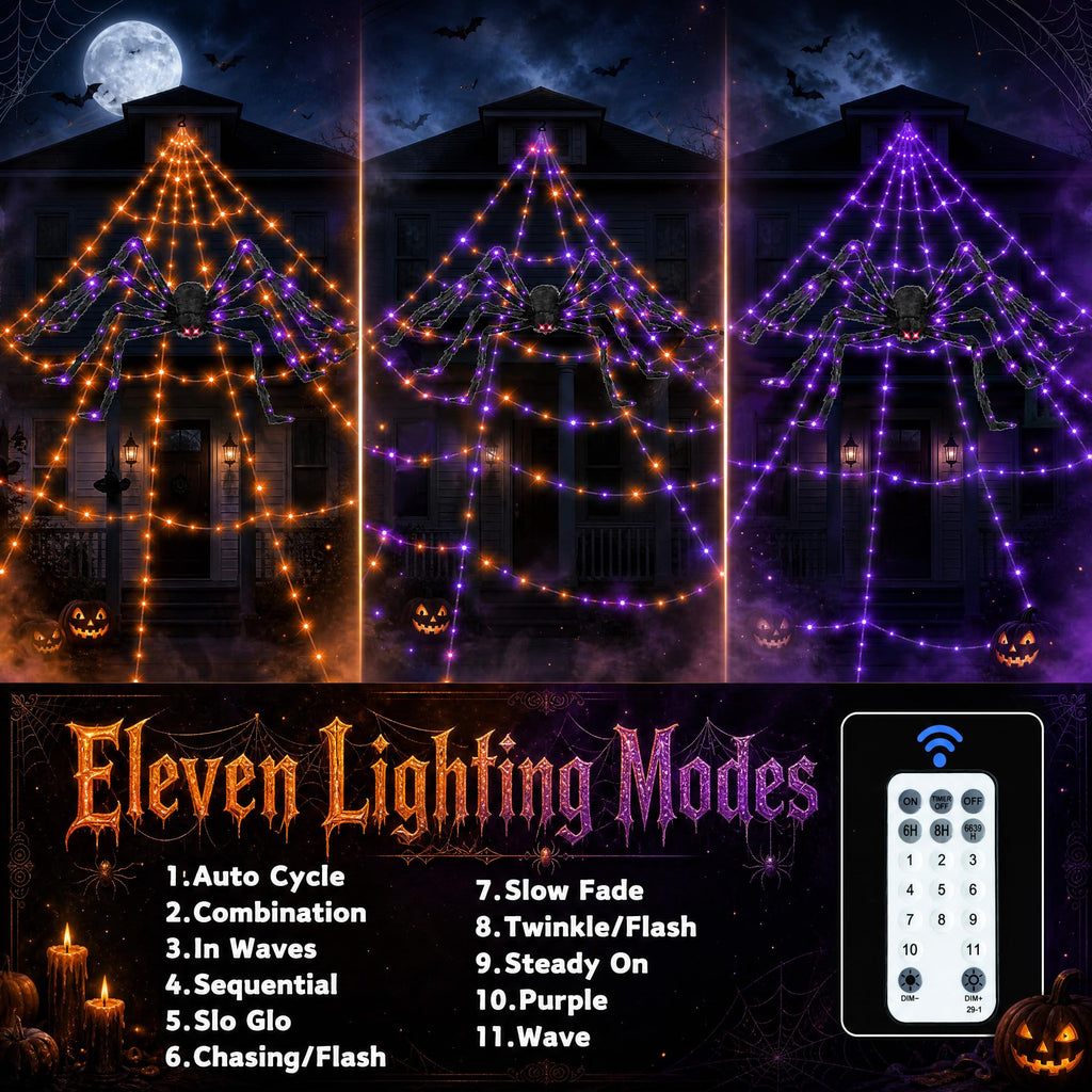 Halloween Decorations 16 Ft Spider Web Lights, Super-Realistic Giant Cobweb Indoor/Outdoor Purple Lights, Battery & 8 Modes Remote Control