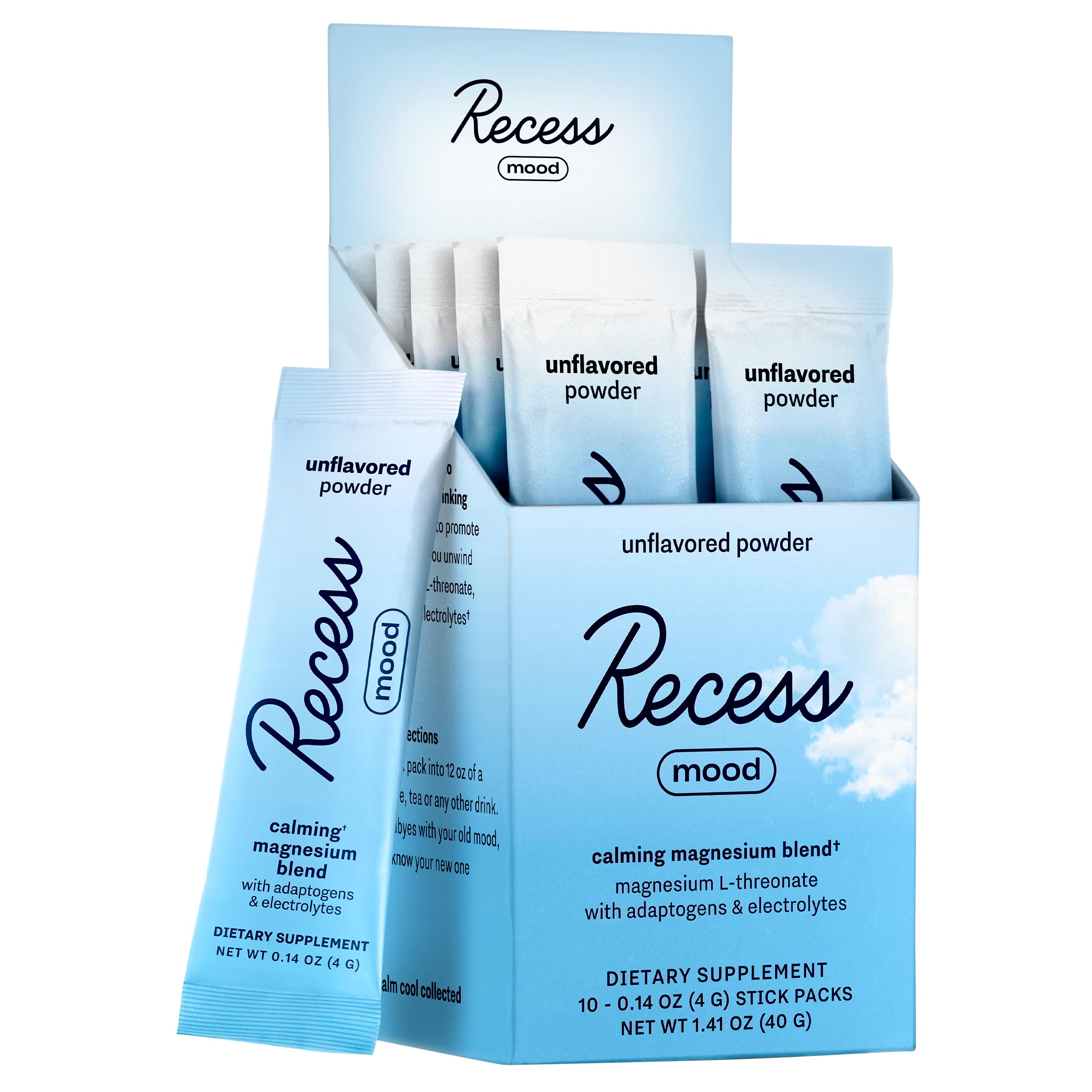 Recess Mood Powder, Magnesium L-Threonate Blend with Passion Flower, L-Theanine, Electrolytes, Magnesium Calm Support Powder Supplement - Unflavored-Pack of 10