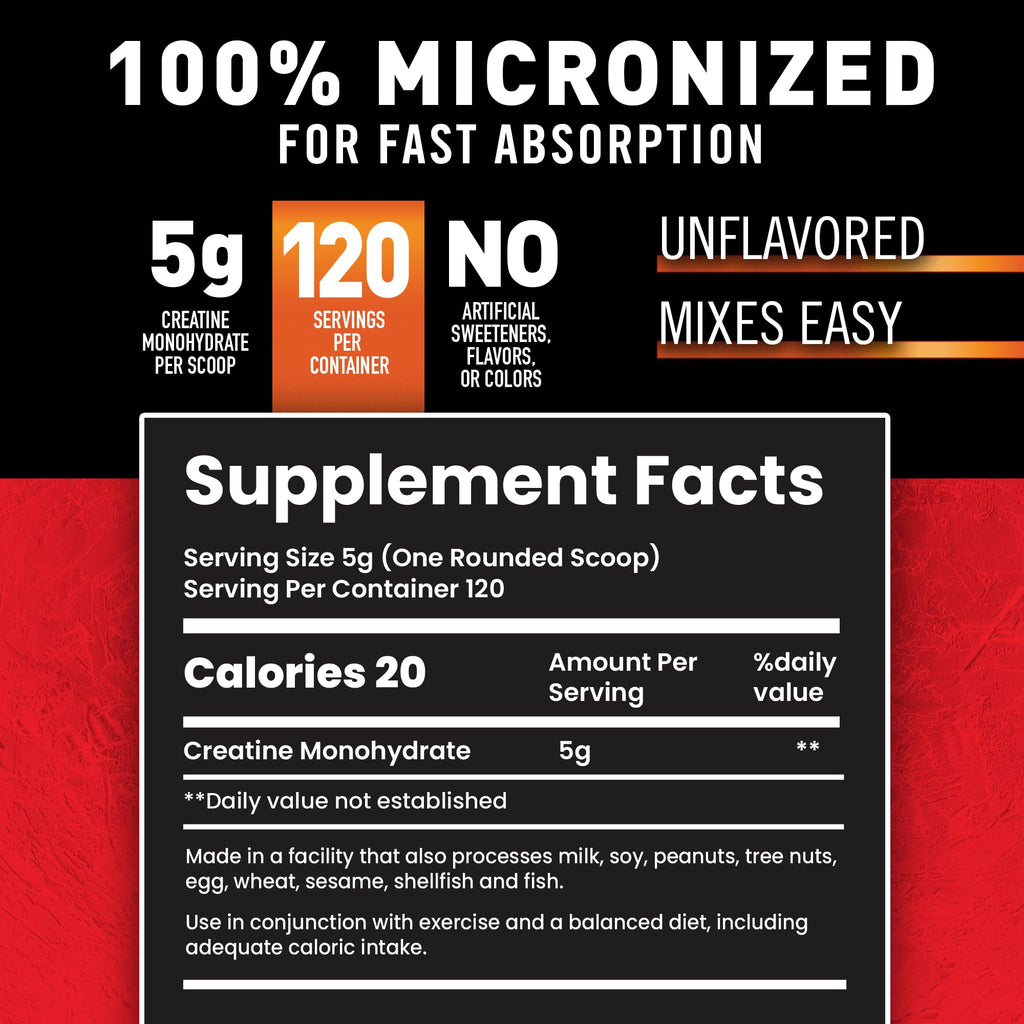 Body Fortress 100% Creatine Monohydrate Powder - Unflavored Micronized Creatine Supplement for Muscle Growth, Strength & Recovery, Pre Workout & Post Workout for Women and Men - 5g Per Scoop