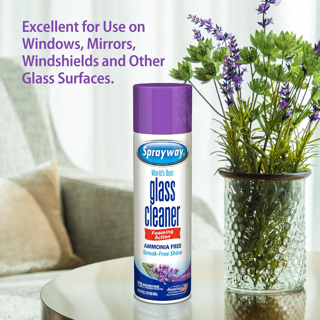 Sprayway Glass Cleaner Lavender Scent Foaming Aerosol Spray, 19oz, Ammonia-Free, Streakless, Fast-Acting | Cleans & Polishes Glass Surfaces | Removes Fingerprints, Dust, Dirt, 6 Count (Pack of 2)