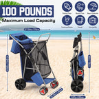 DoubleFill Beach Cart with Big Wheels for Sand, Foldable Beach Wagon Buggy with Surfboard Holder, Removable Tote and Aluminum Frame, Wide Wheel for Chairs, Cooler, Camping, Picnic Outdoor(Blue)