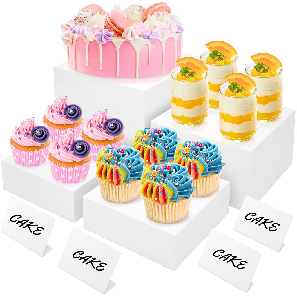 BreeziiDesign 8” Buffet Risers with Mini Signs, Buffet Table Risers and Stands, Acrylic Cube Display Box for Catering Party Table Food Display, Dessert, Cakes - White, Set of 4 Boxes (4 Pack)