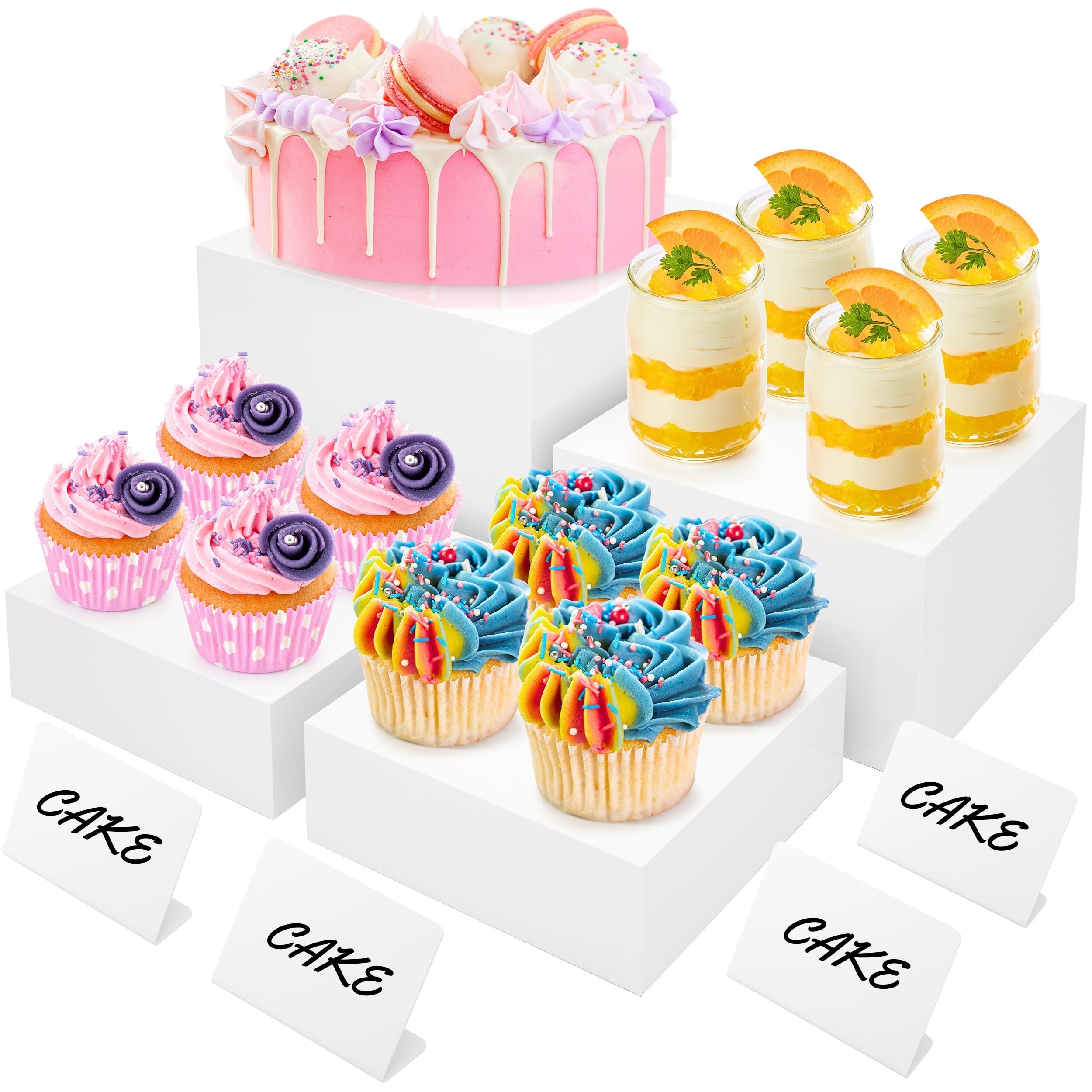 BreeziiDesign 8” Buffet Risers with Mini Signs, Buffet Table Risers and Stands, Acrylic Cube Display Box for Catering Party Table Food Display, Dessert, Cakes - White, Set of 4 Boxes (4 Pack)