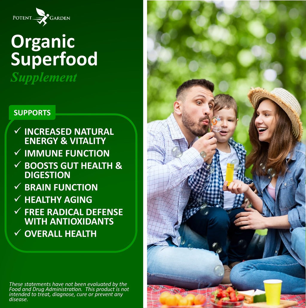 Potent Garden Super Greens Capsules, Fruits and Veggies Supplement, Organic Greens Tablets with Alfalfa Beet Root & Tart Cherry, Daily Nutrition Support, 60 Ct