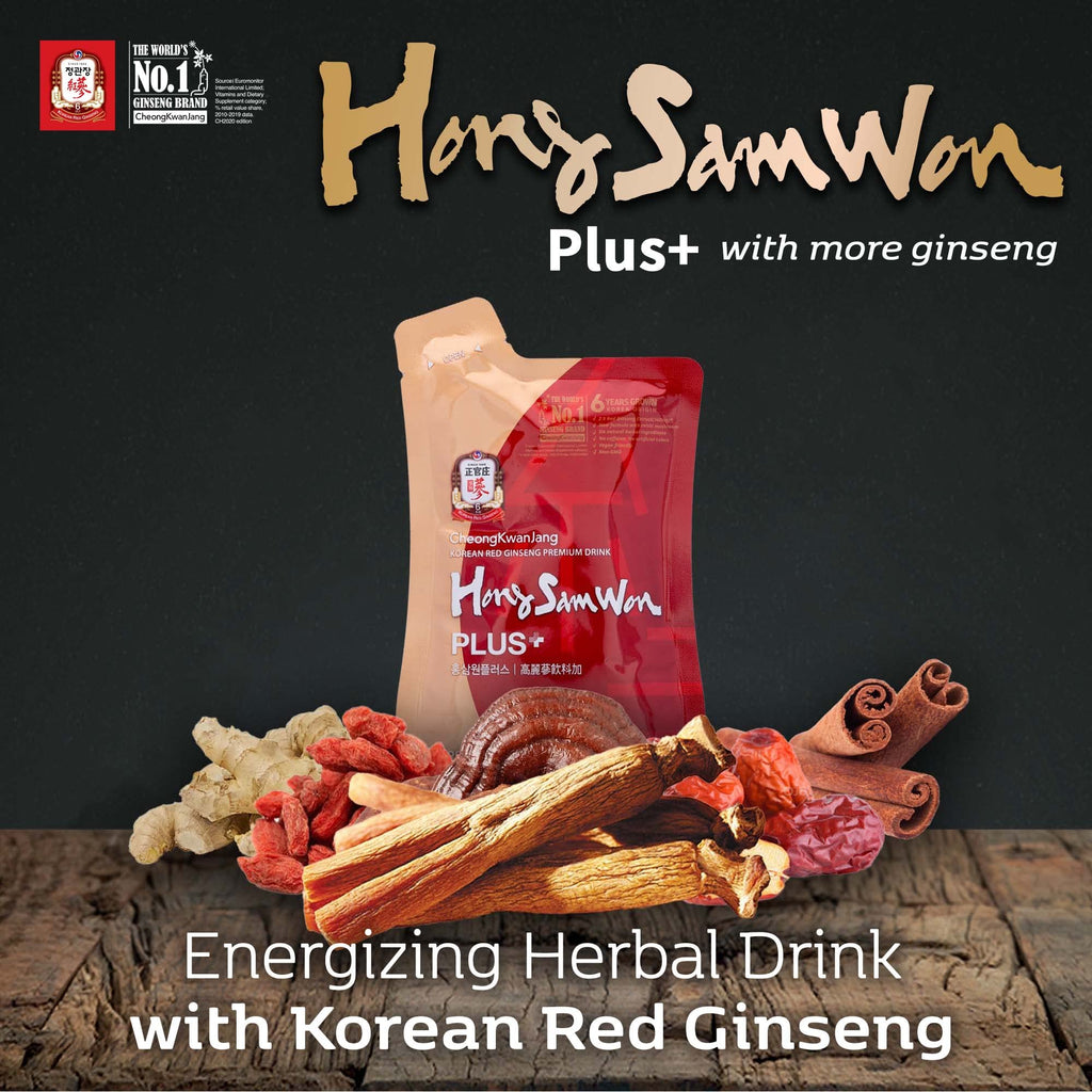 CheongKwanJang Hong Sam Won Plus - Korean Red Ginseng Drink, Korean Red Panax Ginseng Extract Drinks, Pre Workout Energy Drink for Men & Women, Korean Food, Boost Productivity - 60 Pouches