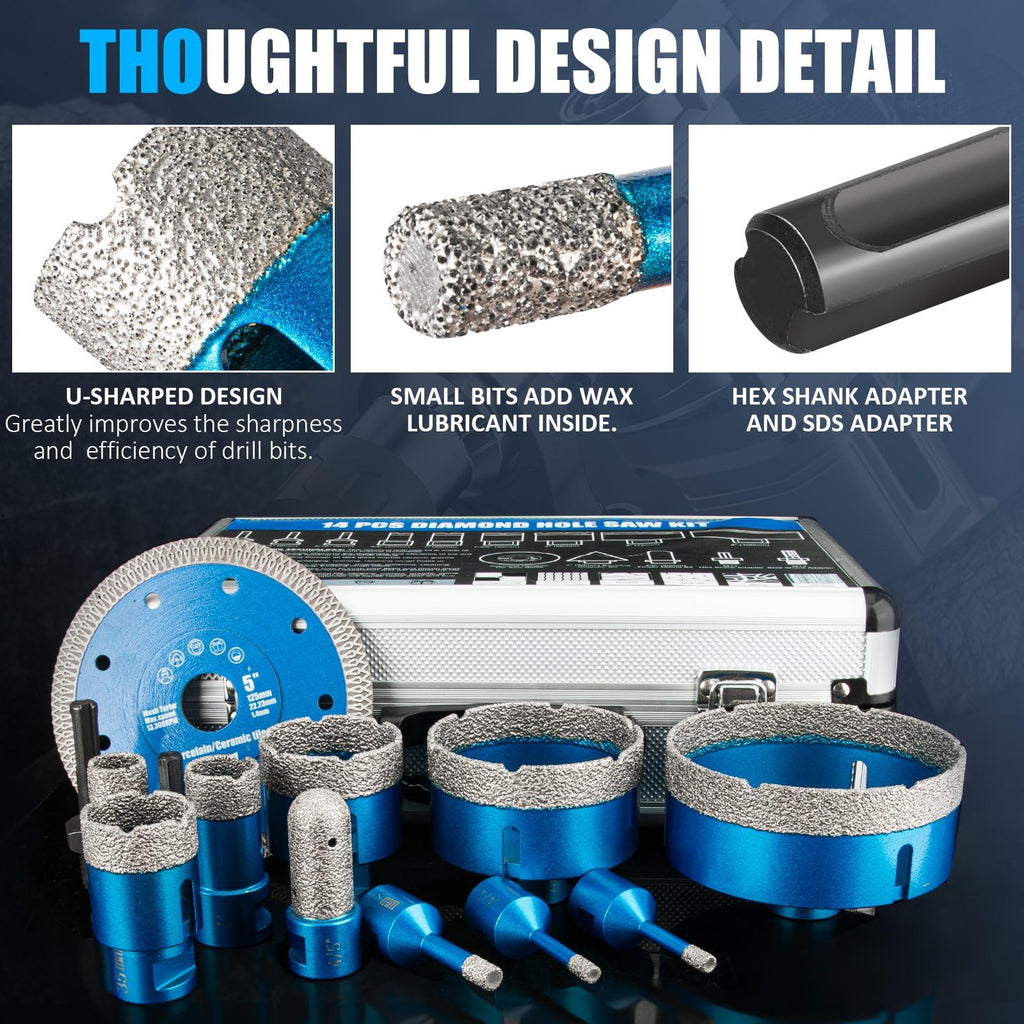 Diamond Tile Hole Saw Kit - 14 PCS Set Including 6/6/8/20/25/35/50/75/100mm Drill Bits, 20mm Finger Bit, 50mm Beveling Chamfer Bit, and 5" Diamond Blades for Tile, Ceramic, Porcelain, and Marble