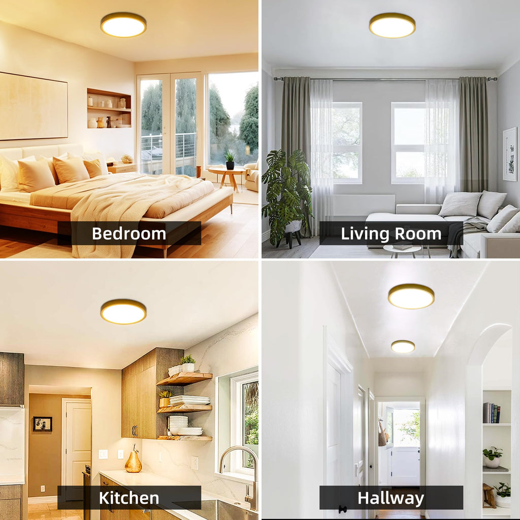 hykolity 12 Inch Selectable CCT LED Round Flat Panel Light, 24W 3000K/4000K/5000K, Edge-Lit Flush Mount Ceiling Light Fixture for Kitchen, Bedroom, Laundry and Closet Room，Gold