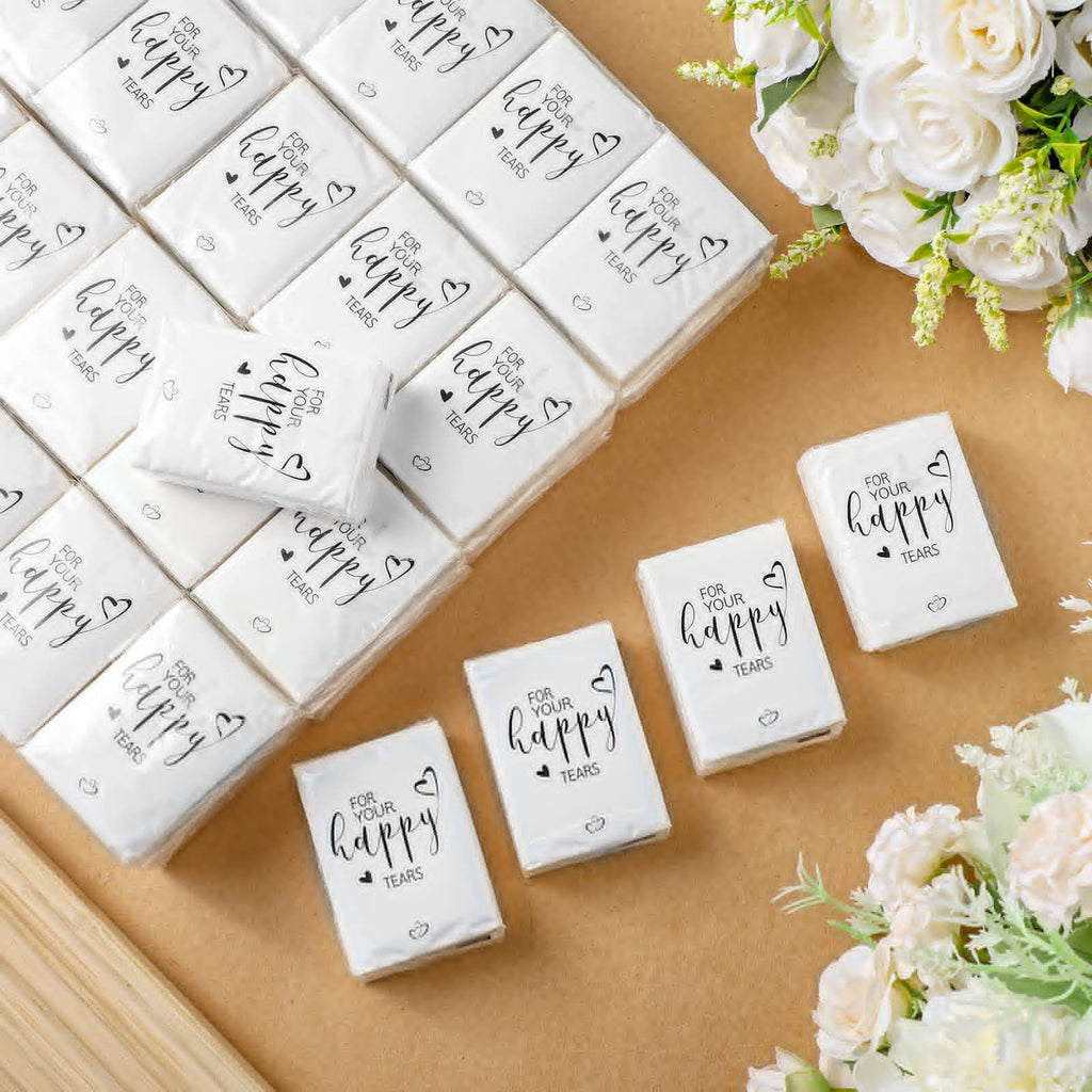 Spiareal 50 Pcs Happy Tears Tissues for Wedding 3 Ply for Your Happy Tears Tissues Packs for Guests Individual Mini Travel Size Pocket Paper for Wedding Party Favor Graduation
