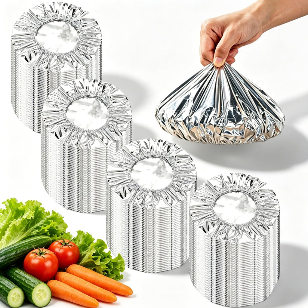 200 PCS Aluminum Foil Food Covers, Upgraded&Thickened Reusable Aluminum Foil Food Covers, 110℃ Heat Resistant Elastic for Meals Vegetable Fruit Leftovers for Kitchen Reusable Picnic Restaurant