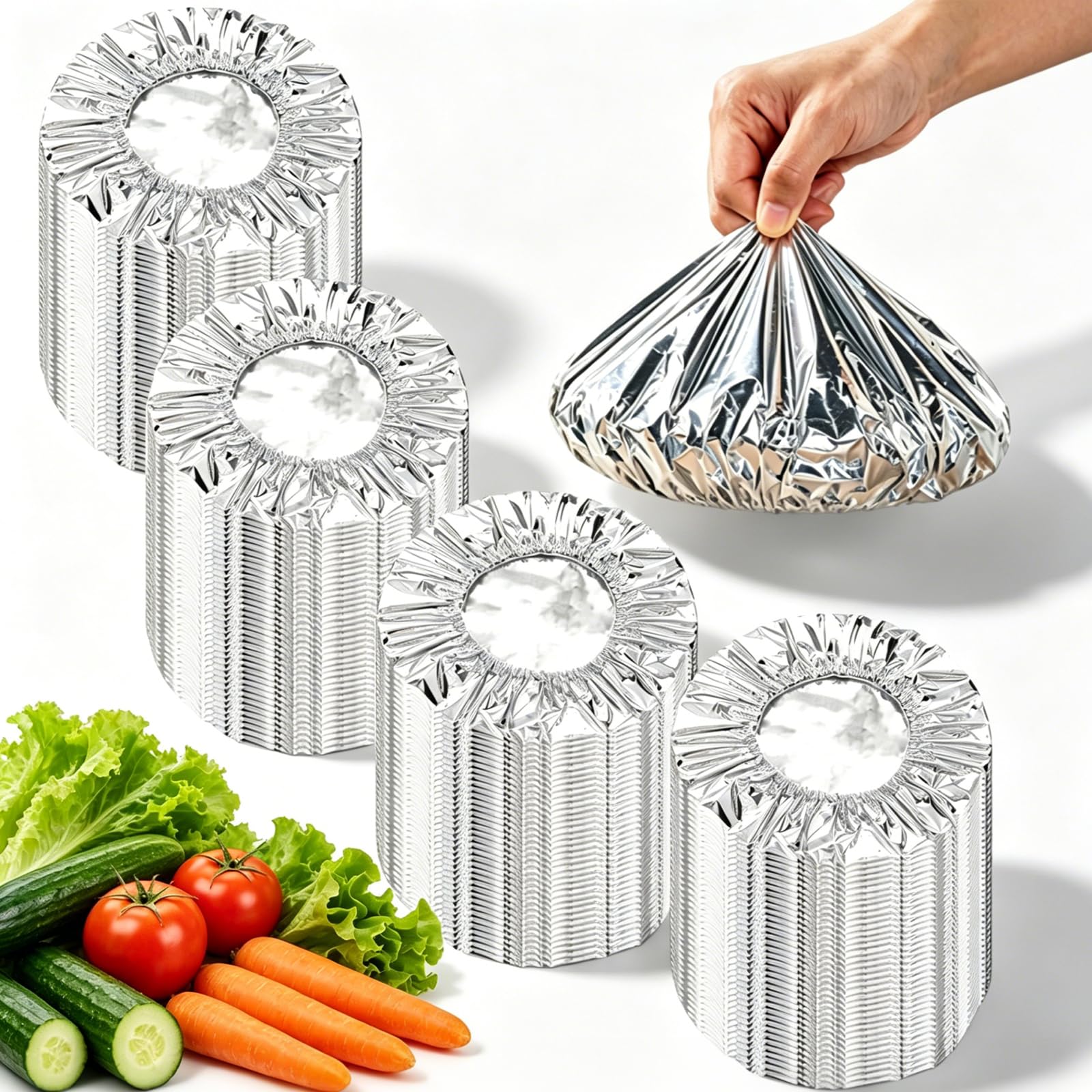 200 PCS Aluminum Foil Food Covers, Upgraded&Thickened Reusable Aluminum Foil Food Covers, 110℃ Heat Resistant Elastic for Meals Vegetable Fruit Leftovers for Kitchen Reusable Picnic Restaurant