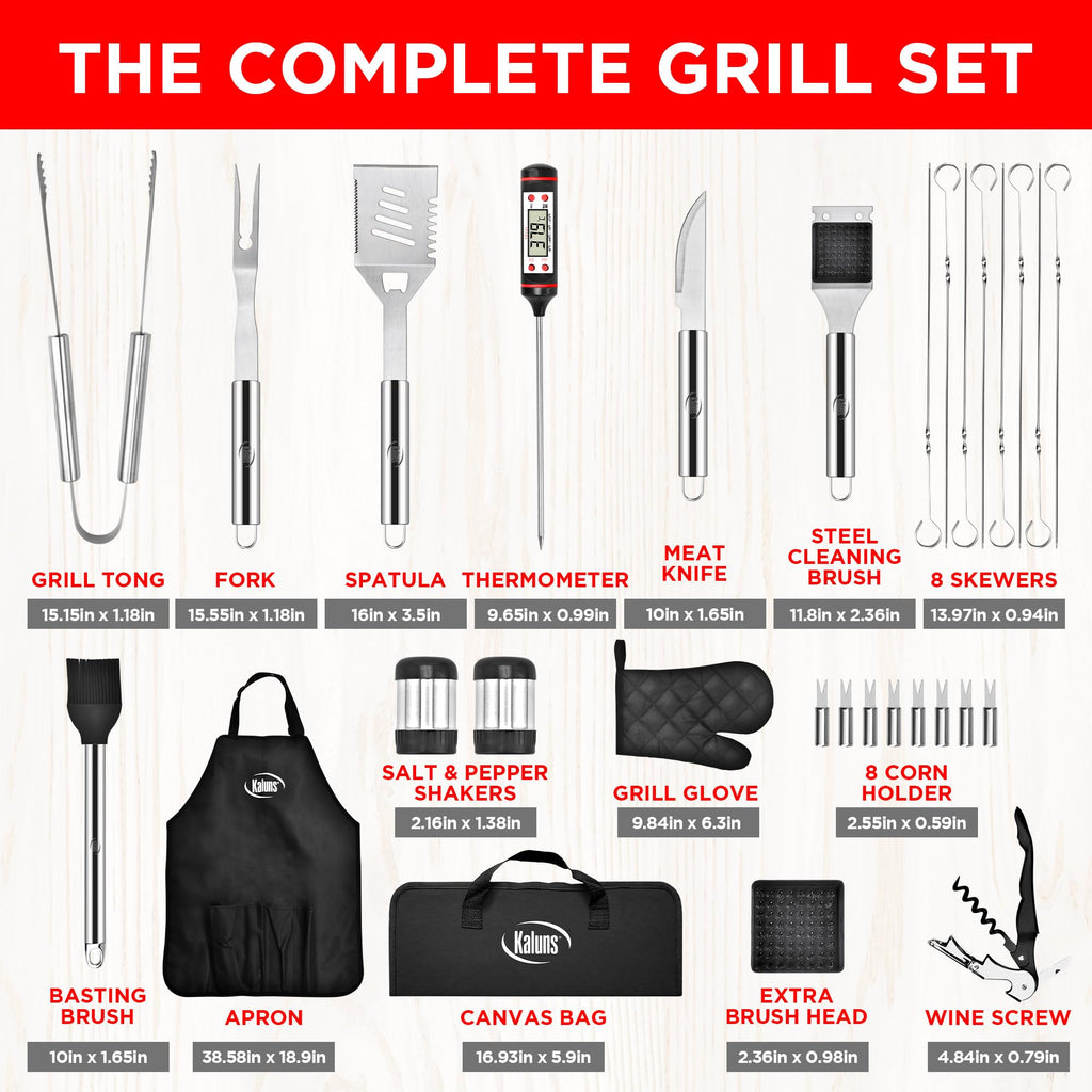 Kaluns Grilling Accessories, Dad Gifts for Christmas, Heavy Duty Stainless Steel Grill Set BBQ Grill Accessories for Outdoor Grill with Meat Thermometer, Case and Apron