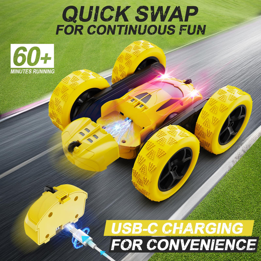 QUNREDA Remote Control Car,RC Car Toys for 6-12 Year Old Boys, Off Road RC Stunt Car 4WD 360° Rotating Remote Control Car for Kids, Boys Girls Gifts for Birthday, Christmas Yellow