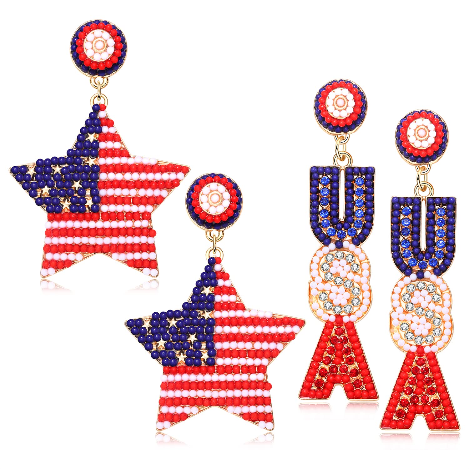 NLCAC USA Earrings Beaded American Flag Earrings USA Star Ice Cream Drop Dangle Earrings 4th of July Gifts for Women Star