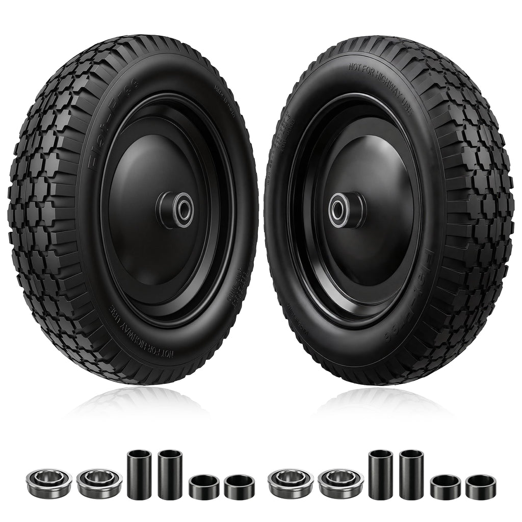 2-PCS 4.80/4.00-8 Tire, 14.5" Flat Free Wheelbarrow Tire and Wheel - Solid Replacement Tires with 3"-7" Adjustable Centered Hub, 5/8" & 3/4" Bearings | Fit 4.80/4.00-8, 4.00-8, 4.00-6, 3.50/3.00-8