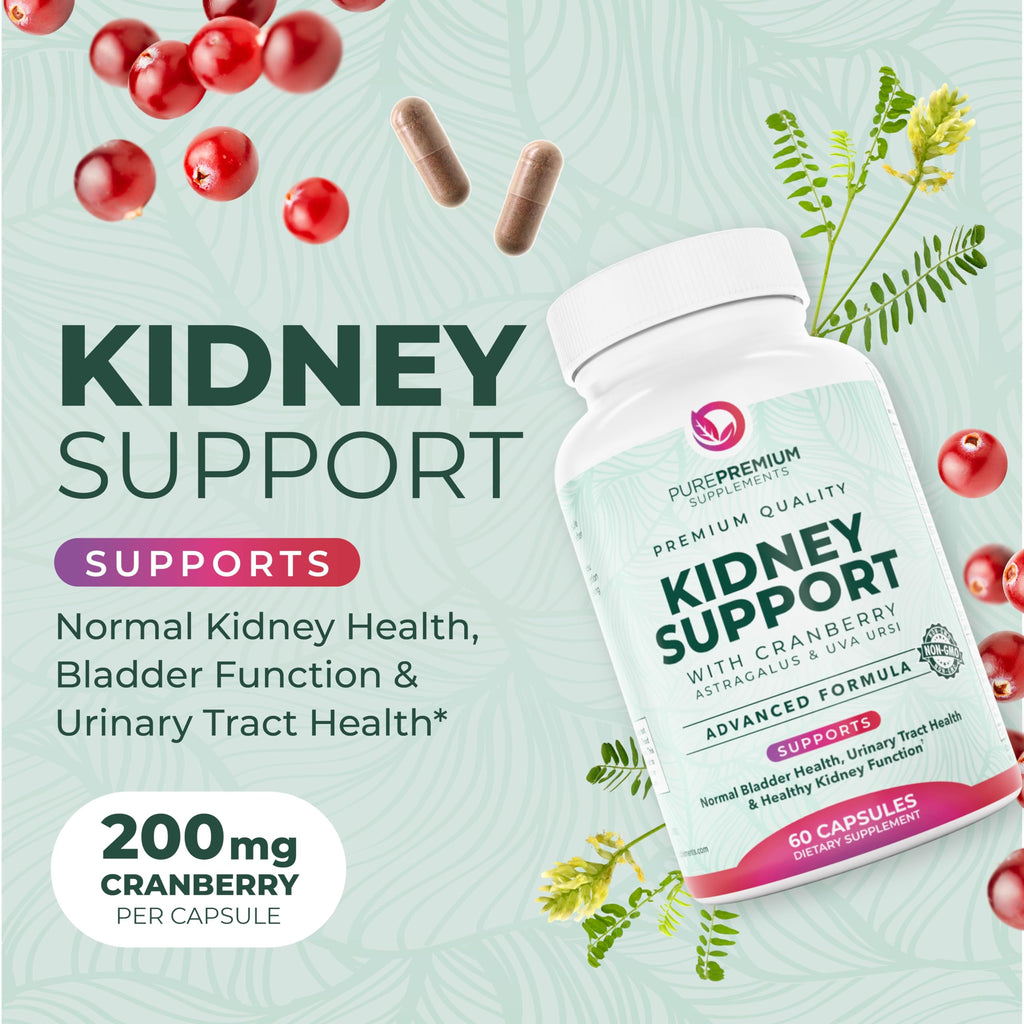 PurePremium Kidney Support Supplement – Kidney Cleanse Detox & Repair with Cranberry Extract & Astragalus - 21-in-1 Complex Supports Normal Bladder, Urinary Tract & Kidneys Health - 60 Day Supply