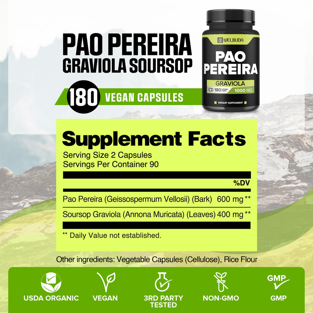 180 Capsules - 600mg Pao Pereira Herb Extract 10:1 with 400mg Graviola Soursop - Combined Formula for Immune System, Comfortable Mind, Body Management & Strength Support