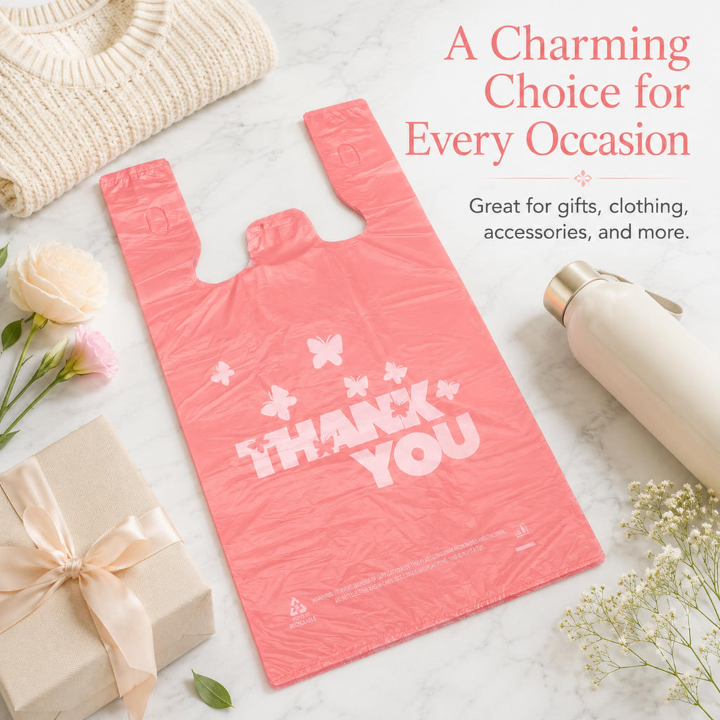 YoYoRain PINK Thank you bags, 800PCS T shirt bags, To Go Bags,Grocery bags, Reusable and Disposable,Perfect for Small Business,Take Out,Retails,11"x6"x21"(800)