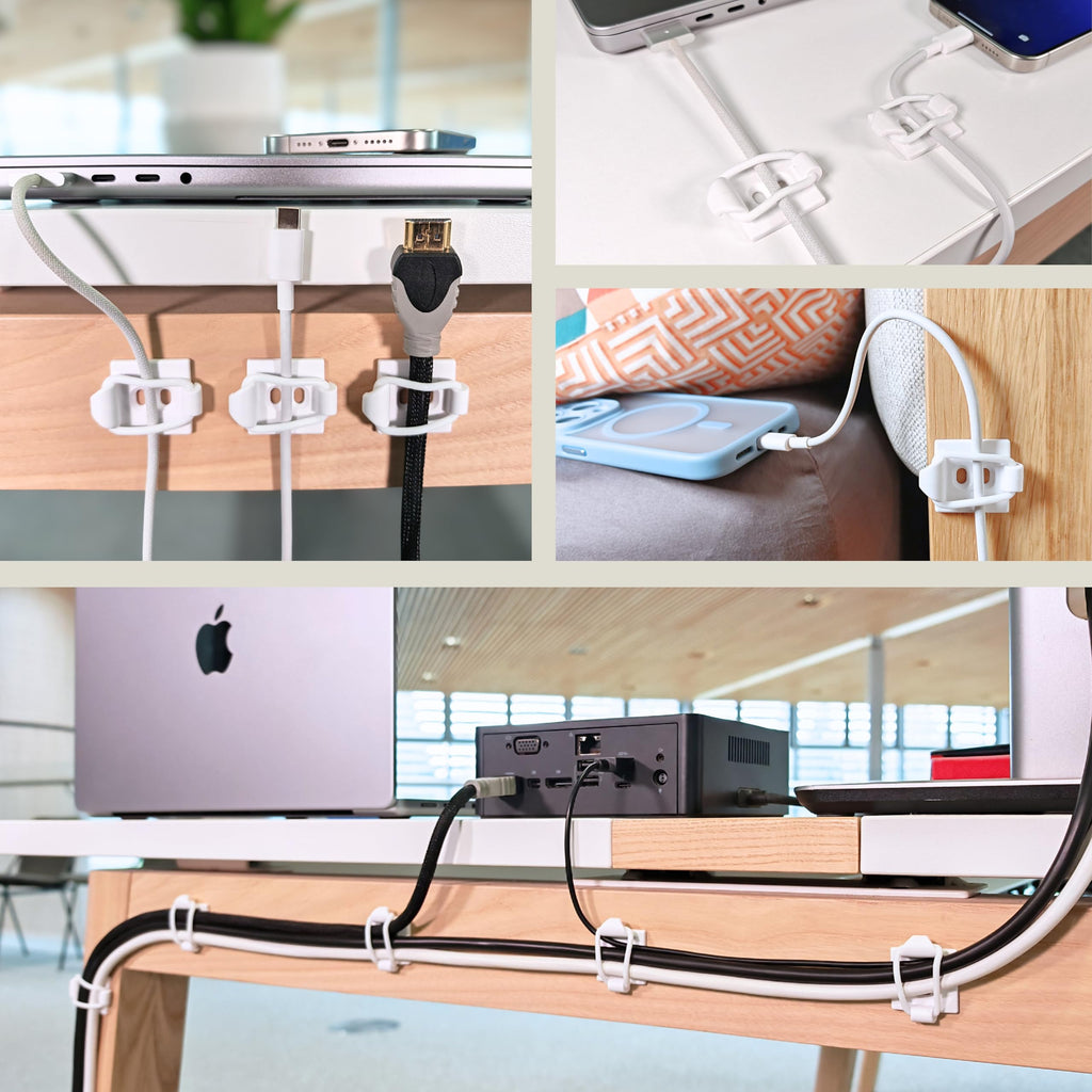 CableGenie [Made in the UK] 10-Pack Adjustable Elastic Adhesive Cable Clips, Wire Management Holder, Cord Organizer for Home Office, Under Desk, Behind TV, Phone Charger, Laptop, PC, HDMI, USB (White)