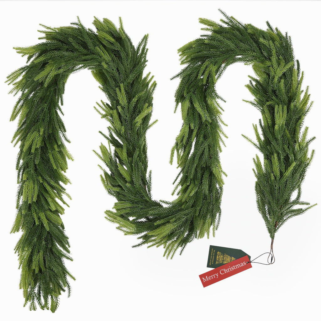 N&T NIETING 9FT Christmas Norfolk Pine Garland Real Touch Artificial Greenery Garlands Faux Winter Garland for Mantle Fireplace Table Stair Front Door Indoor Outdoor Holiday Xmas Decorations (1 Pcs)