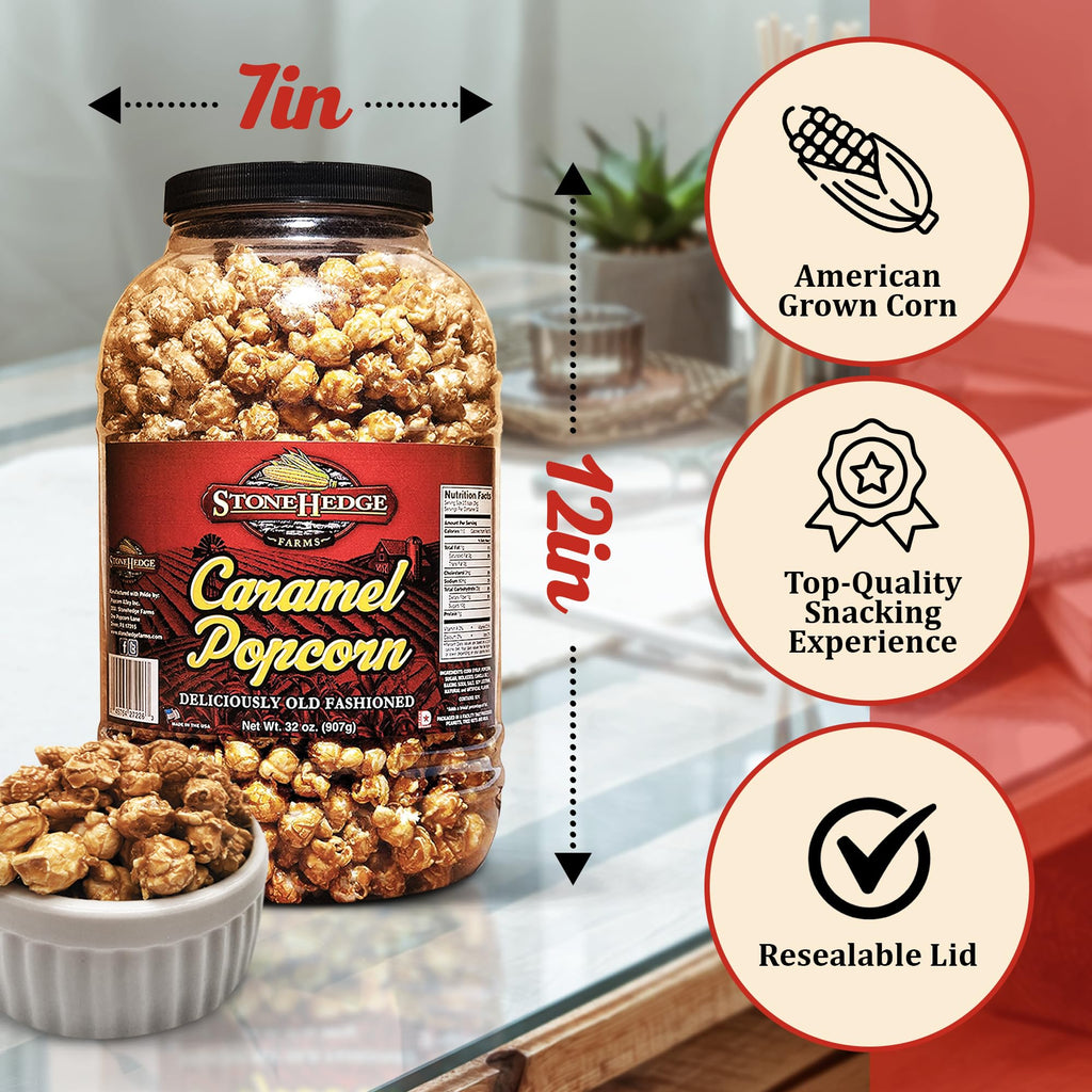 Stonehedge Farms Caramel Flavored Popcorn | 32 oz Tub (Pack of 2) | Perfect for Holidays and Christmas | Reclosable Barrels | Bulk Gourmet Popped Carmel Pop Corn