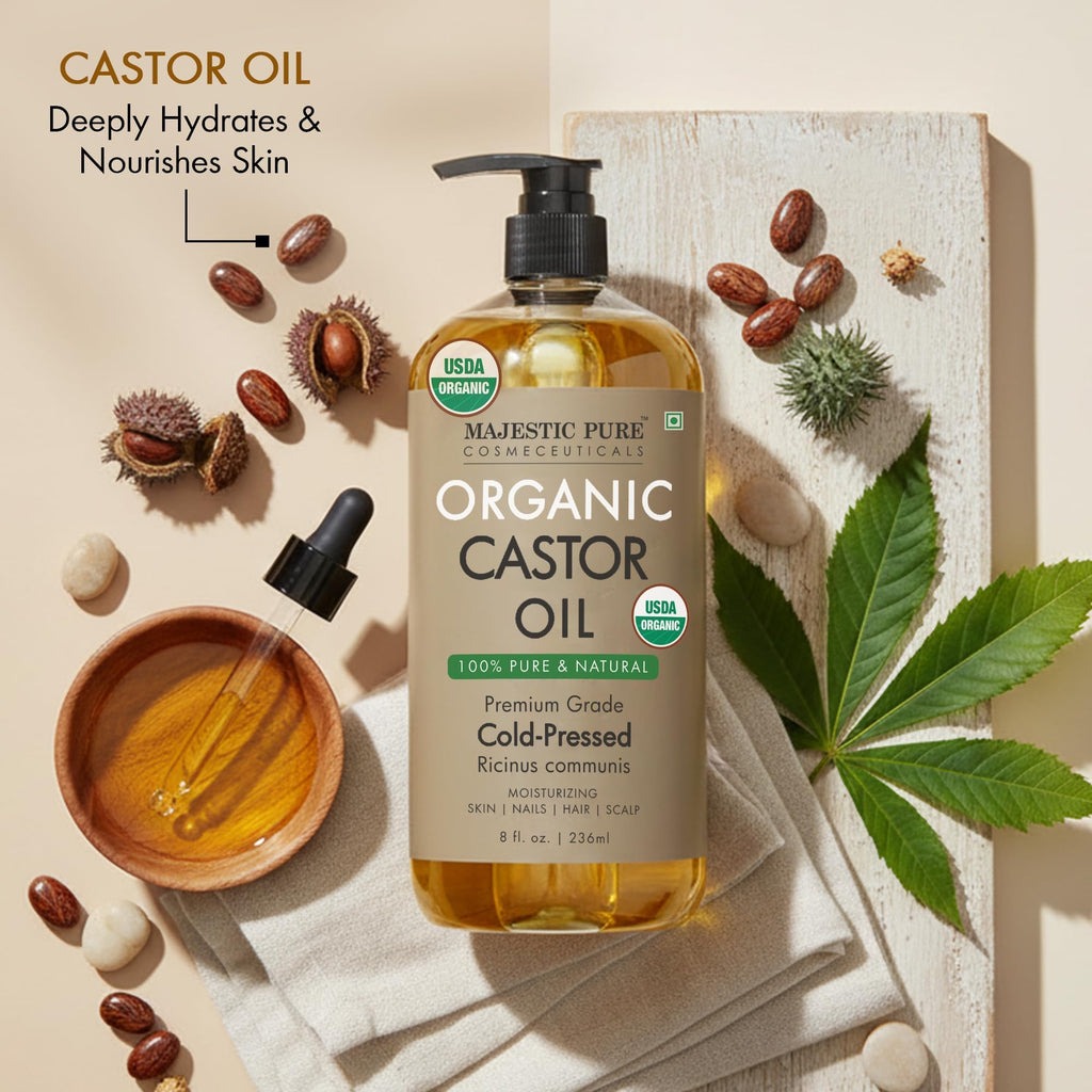 Majestic Pure Oil - 100% Pure and Natural- Cold Pressed & Hexane Free Natural Hair Growth Oil for Eyelashes, Eyebrows, Skin, Body, Face, Nails & Scalp - USDA Organic Castor Oil 8 Fl Oz