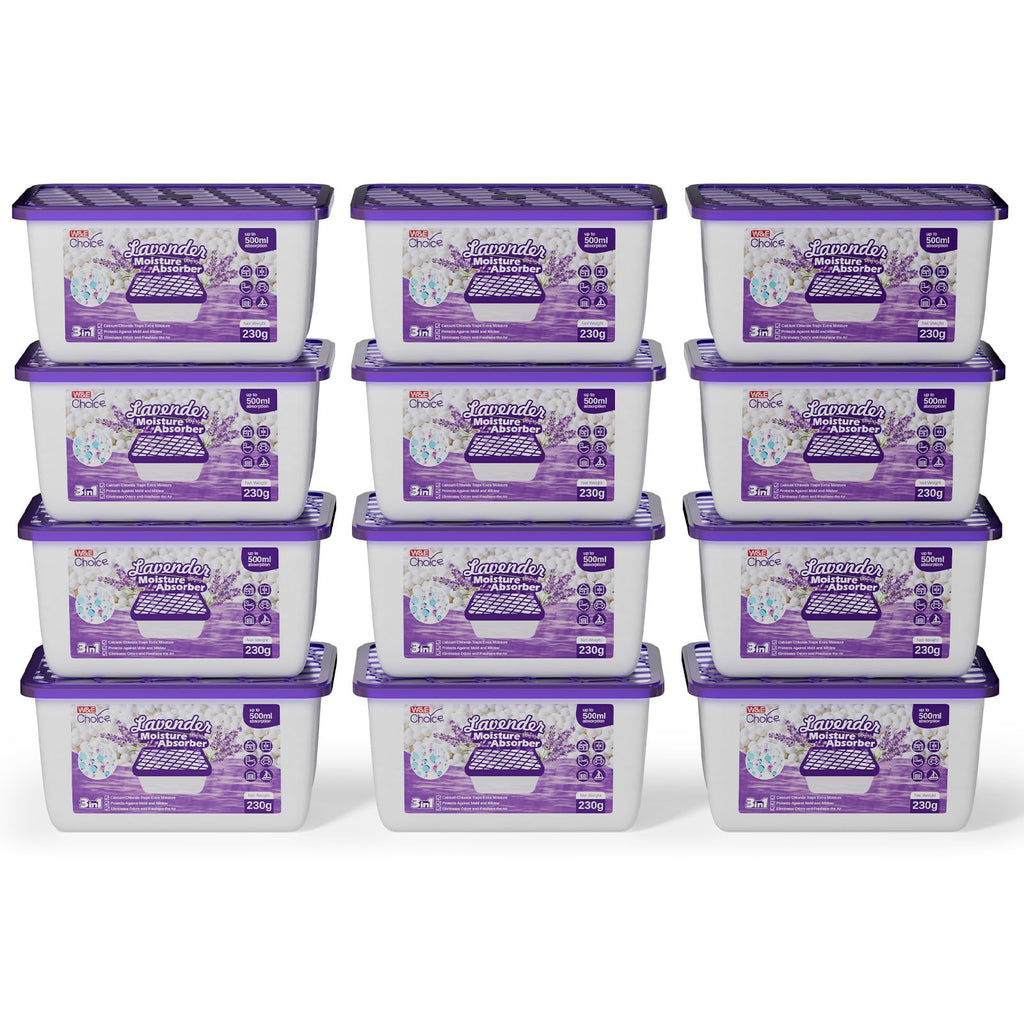 W&E Choice Moisture Absorbers with Lavender Scent, Portable Dehumidifier for Closet & Bathrooms, Kitchen, Humidity Absorber Odor Eliminator Absorber, 12Pack